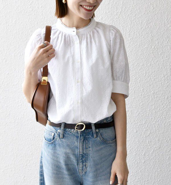 SHIPS any「SHIPS any: エンブロイダリー シャンブレー スタンドカラー パフ ブラウス」|シャツ・ブラウス|