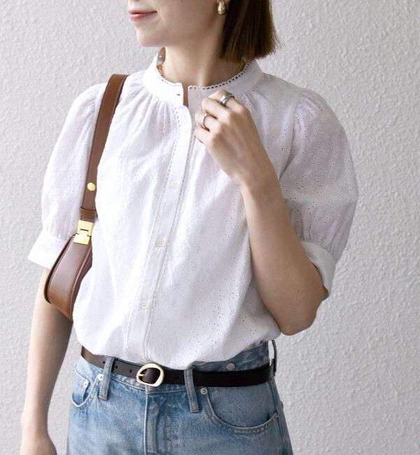 SHIPS any「SHIPS any: エンブロイダリー シャンブレー スタンドカラー パフ ブラウス」|シャツ・ブラウス|