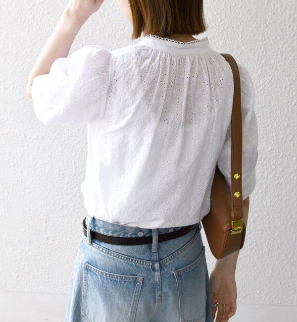 SHIPS any「SHIPS any: エンブロイダリー シャンブレー スタンドカラー パフ ブラウス」|シャツ・ブラウス|