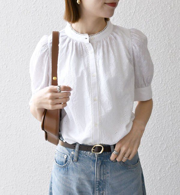 SHIPS any「SHIPS any: エンブロイダリー シャンブレー スタンドカラー パフ ブラウス」|シャツ・ブラウス|