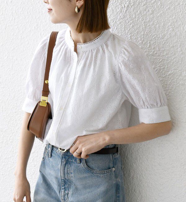 SHIPS any「SHIPS any: エンブロイダリー シャンブレー スタンドカラー パフ ブラウス」|シャツ・ブラウス|