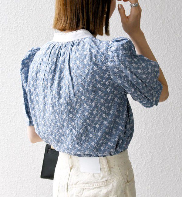 SHIPS any「SHIPS any: エンブロイダリー シャンブレー スタンドカラー パフ ブラウス」|シャツ・ブラウス|