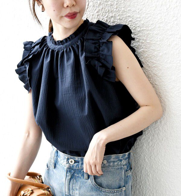 SHIPS any「SHIPS any:〈洗濯機可能〉ミニサッカー フリル スタンドカラー シャツ ブラウス」|シャツ・ブラウス|ネイビー