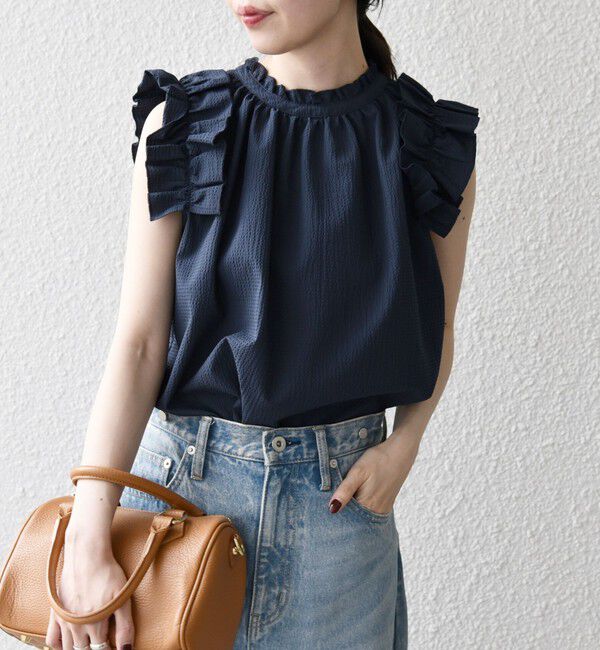 SHIPS any「SHIPS any:〈洗濯機可能〉ミニサッカー フリル スタンドカラー シャツ ブラウス」|シャツ・ブラウス|