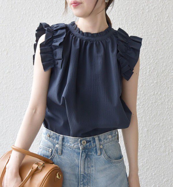 SHIPS any「SHIPS any:〈洗濯機可能〉ミニサッカー フリル スタンドカラー シャツ ブラウス」|シャツ・ブラウス|