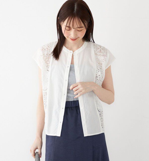 SHIPS Colors 「SHIPS Colors:〈洗濯機可能〉コットン 幾何 レース コンビ シャツ」|シャツ・ブラウス|