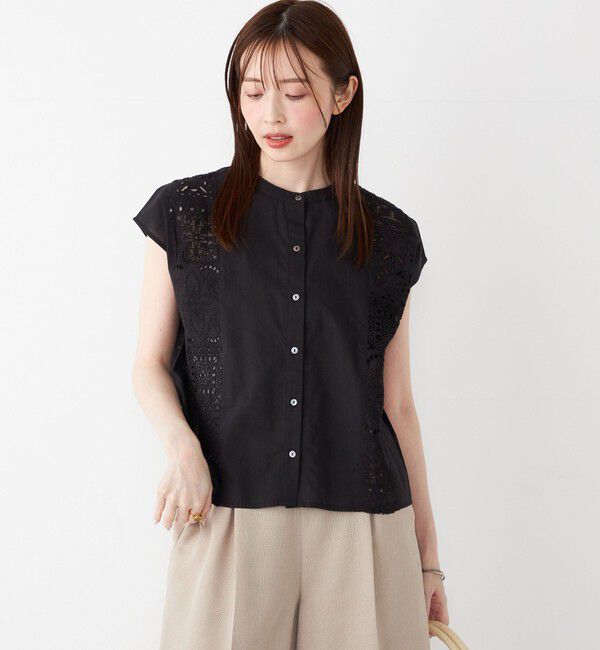 SHIPS Colors 「SHIPS Colors:〈洗濯機可能〉コットン 幾何 レース コンビ シャツ」|シャツ・ブラウス|ブラック