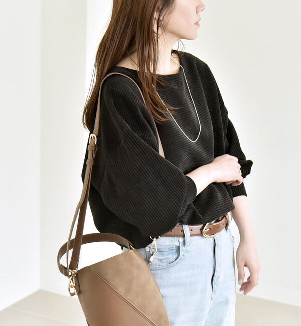 quaranciel「quaranciel:〈洗濯機可能〉ポリエステル ベロア リブ コクーン コンパクト プルオーバー」|Tシャツ・カットソー|ブラック