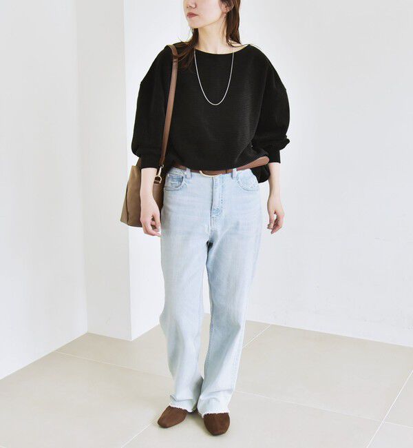 quaranciel「quaranciel:〈洗濯機可能〉ポリエステル ベロア リブ コクーン コンパクト プルオーバー」|Tシャツ・カットソー|