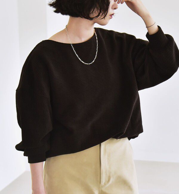 quaranciel「quaranciel:〈洗濯機可能〉ポリエステル ベロア リブ コクーン コンパクト プルオーバー」|Tシャツ・カットソー|