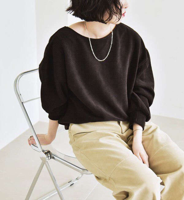 quaranciel「quaranciel:〈洗濯機可能〉ポリエステル ベロア リブ コクーン コンパクト プルオーバー」|Tシャツ・カットソー|