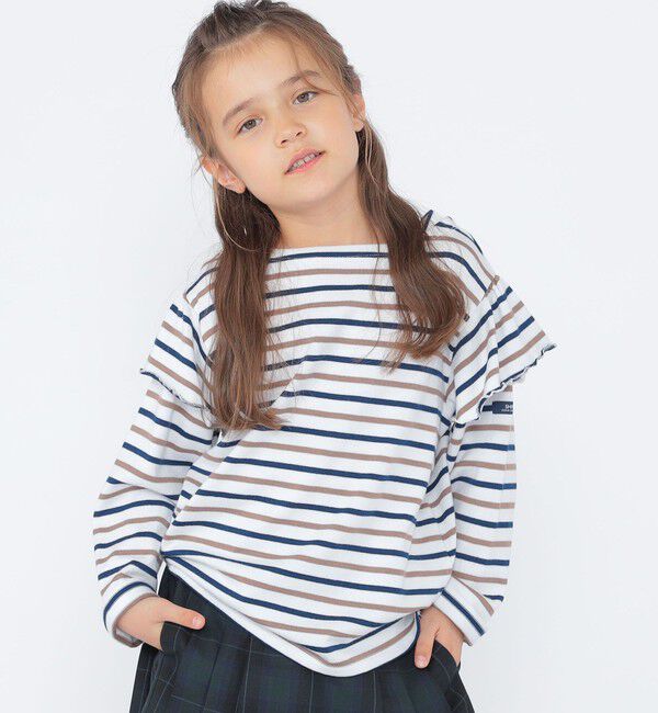SHIPS KIDS「SHIPS KIDS:100～130cm/ボーダー フリル ロングスリーブ Tシャツ」|Tシャツ・カットソー|オフホワイト