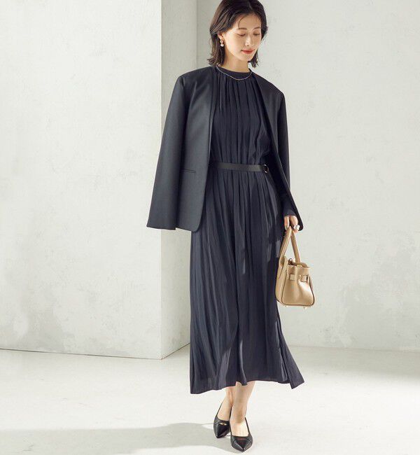 SHIPS for women「〈手洗い可能〉カッセン ギャザー ベルト付き 長袖 ワンピース」|ワンピース|ネイビー