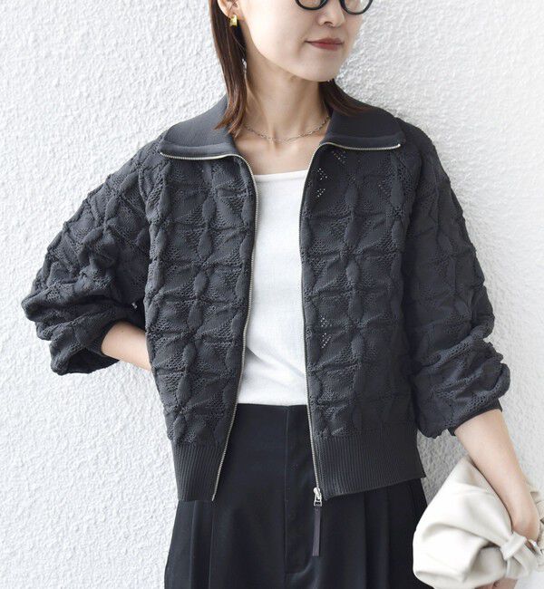 SHIPS for women「《予約》【WEB限定】〈手洗い可能〉フラワー ジャカード ジップ カーディガン」|カーディガン|チャコールグレー