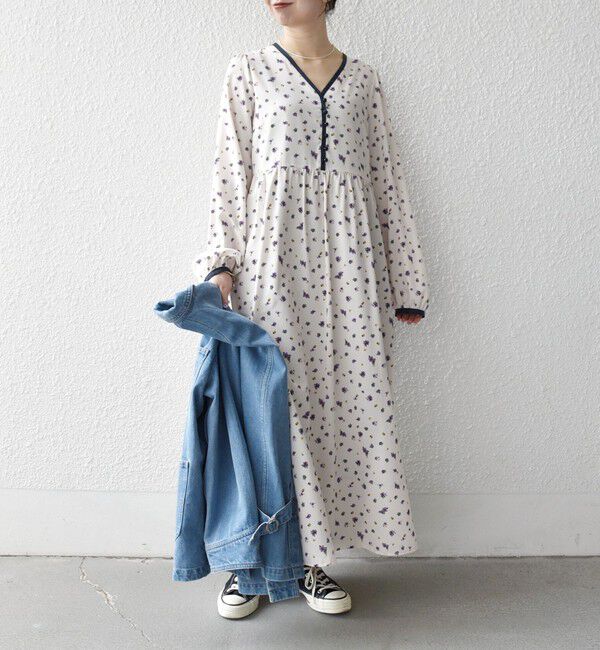 SHIPS any「《予約》SHIPS any:〈洗濯機可能〉フラワー プリント ウエストギャザー Vネック ワンピース」|ワンピース|