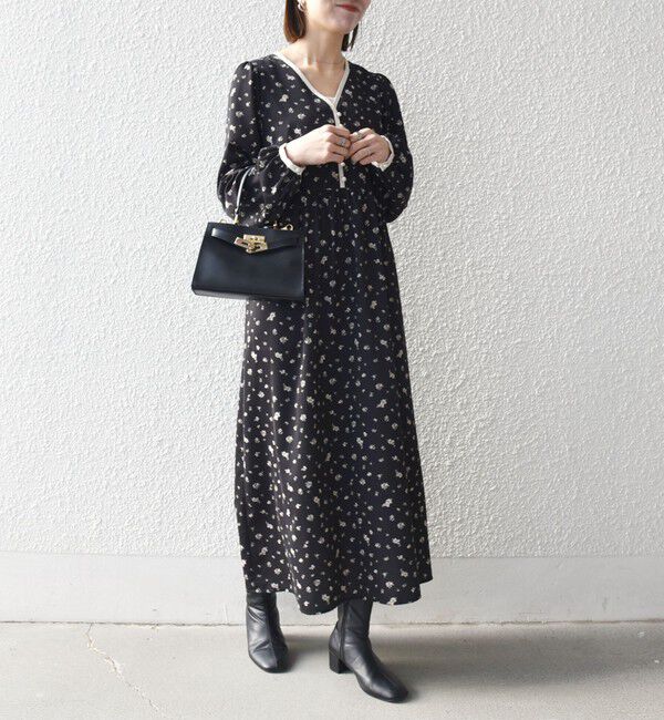 SHIPS any「《予約》SHIPS any:〈洗濯機可能〉フラワー プリント ウエストギャザー Vネック ワンピース」|ワンピース|