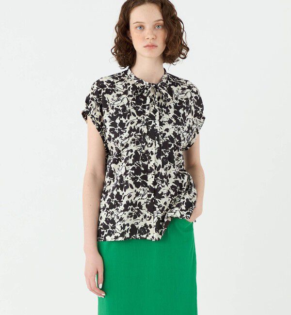 Ballsey「モノクロームフラワープリント ピンタックフレンチスリーブブラウス」|シャツ・ブラウス|