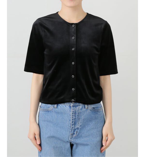 SLOBE IENA「ベロアスナップ5分袖カーディガン」|カーディガン|ブラック