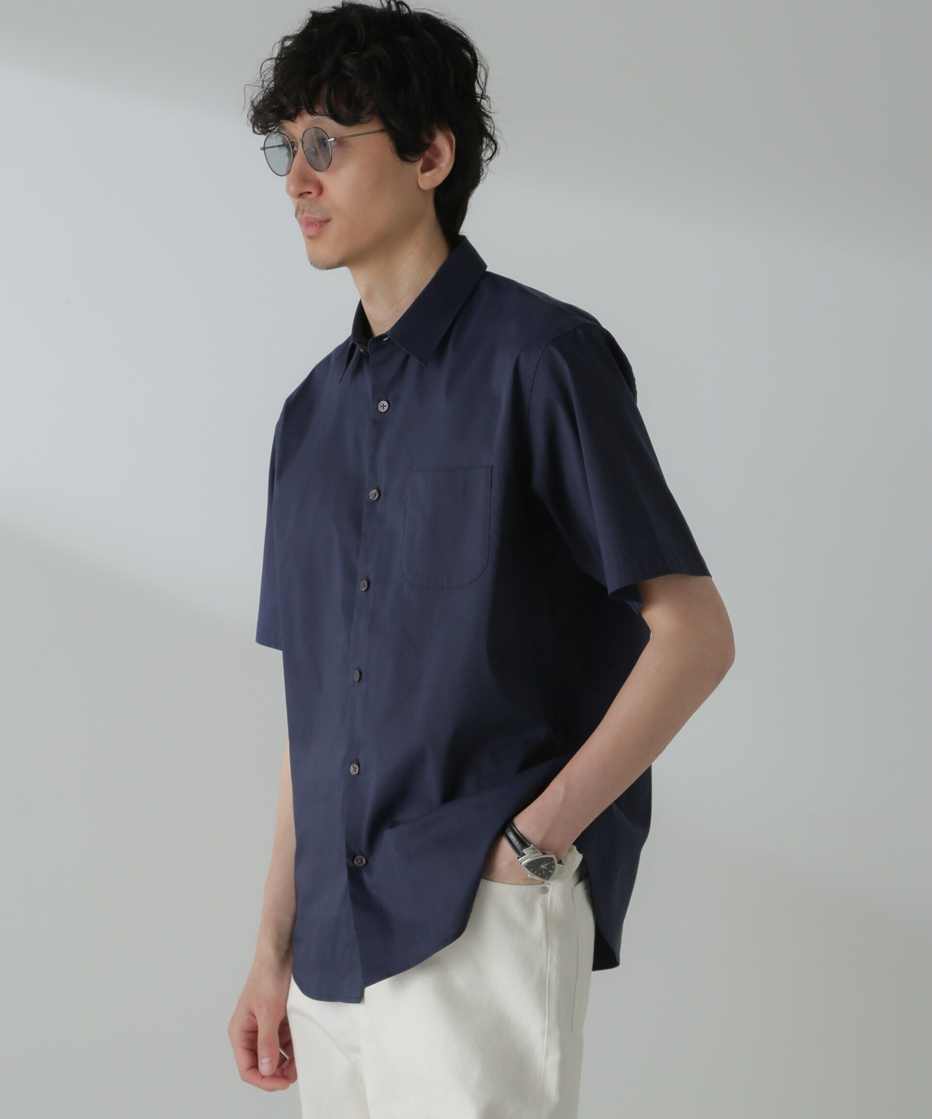 nano･universe「「ICE FLOW LINEN」レギュラーカラーシャツ 半袖」|シャツ・ブラウス|ネイビー