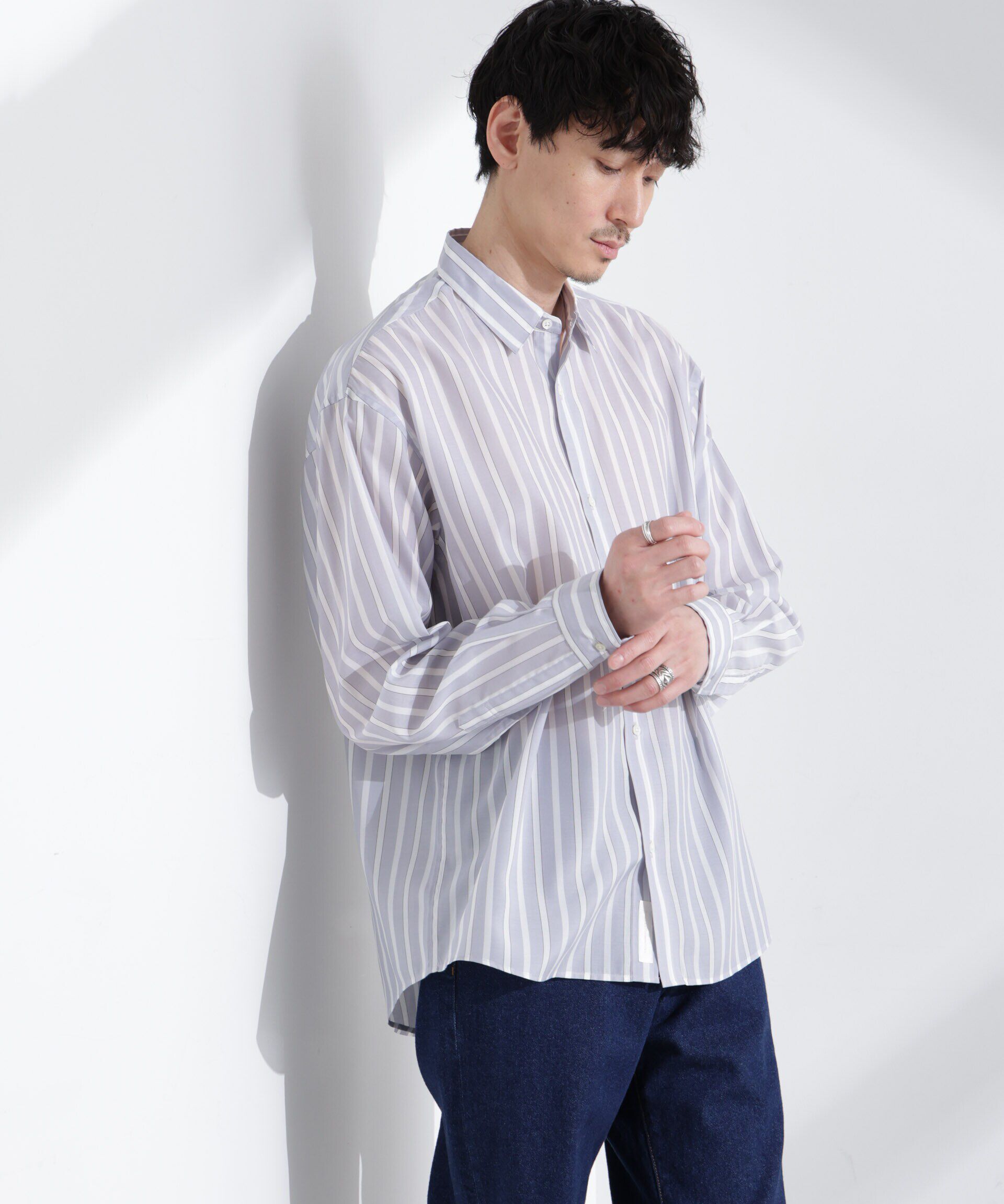 nano･universe「「大人のワイドシャツ」レギュラーカラー ストライプ 長袖」|シャツ・ブラウス|グレー