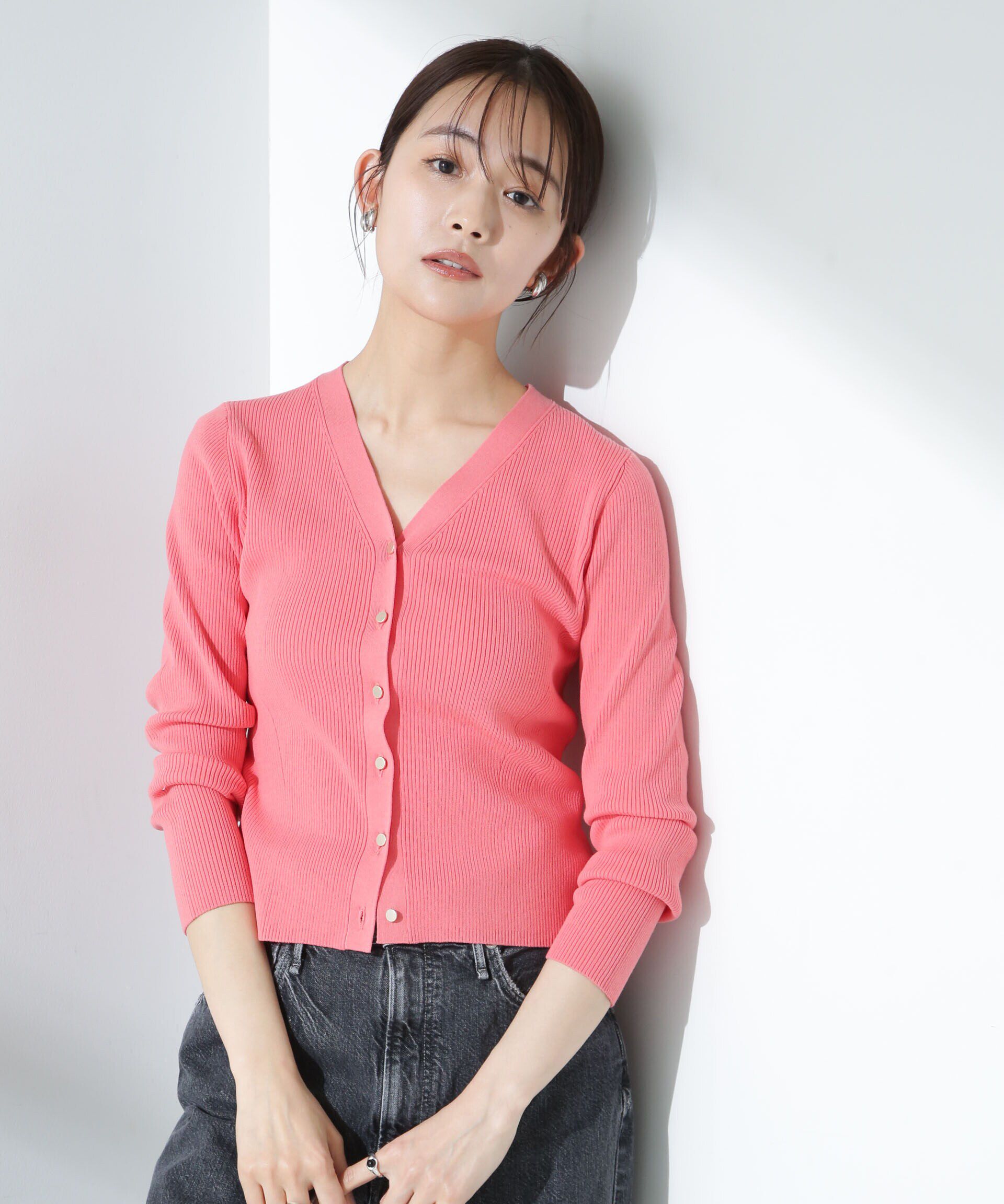 nano･universe「ウォッシャブルハイツイストVネックリブカーディガン」|ニット・セーター|ピンク
