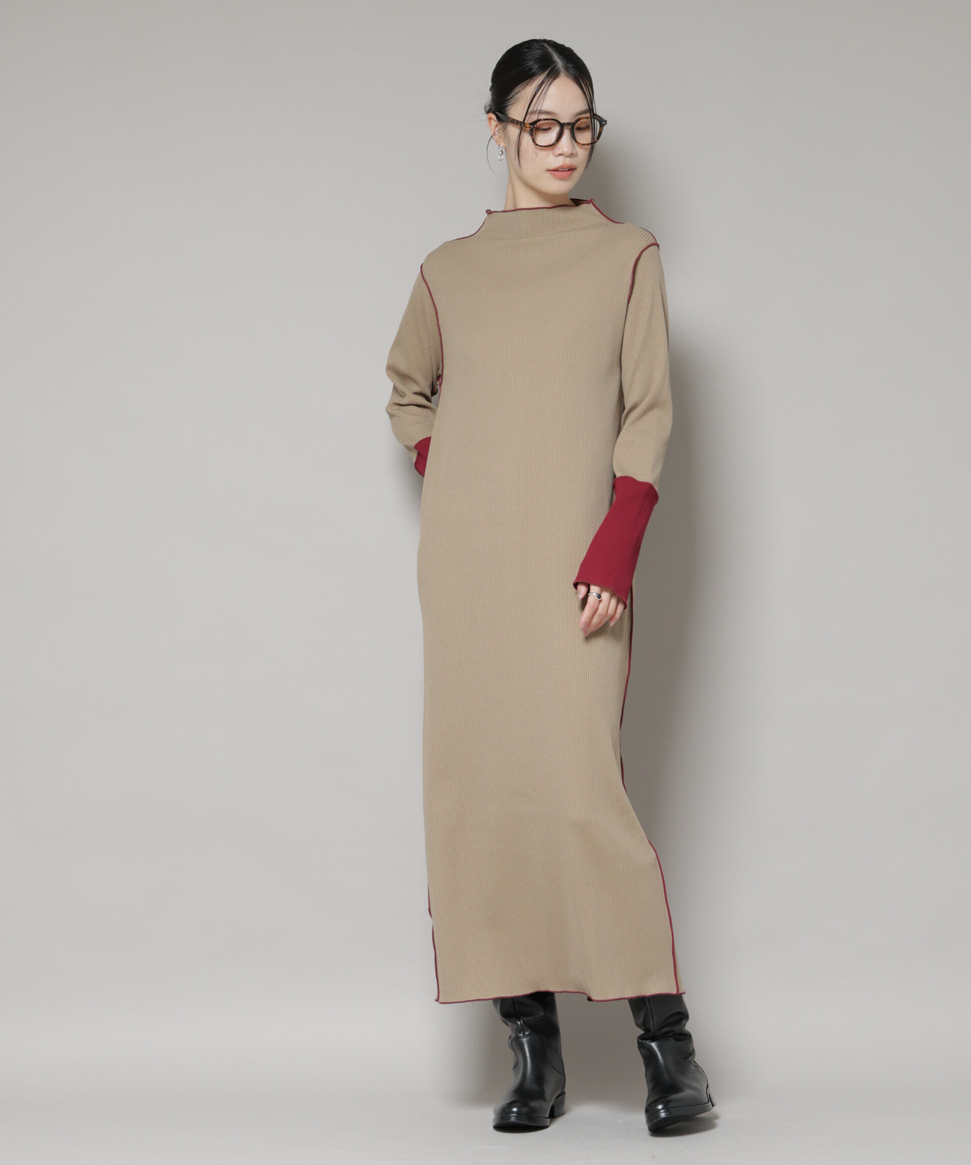 nano･universe「テレコリブ配色メローワンピース」|ワンピース|ベージュ