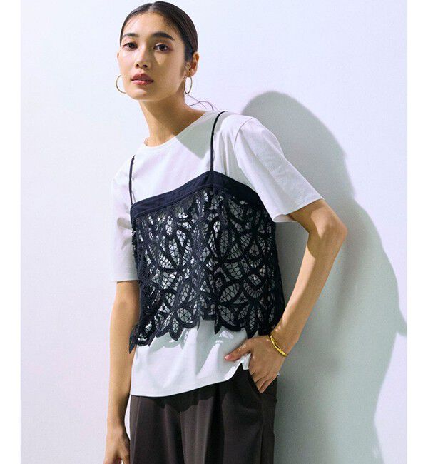 23区「【好評につき新色追加/汗じみ防止】エンブロイダリージャージー レースキャミソール付き カットソー」|Tシャツ・カットソー|ブラック系
