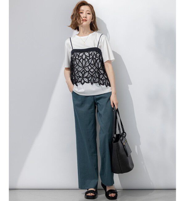 23区「【好評につき新色追加/汗じみ防止】エンブロイダリージャージー レースキャミソール付き カットソー」|Tシャツ・カットソー|