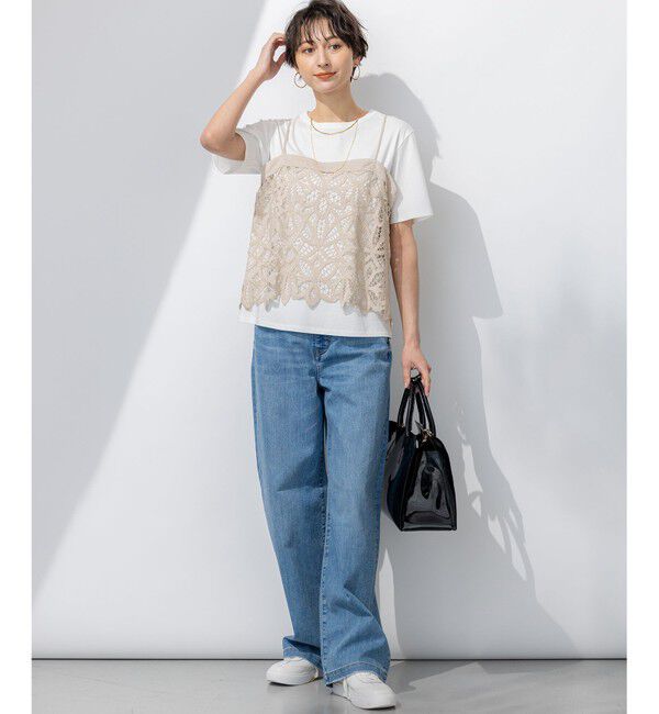 23区「【好評につき新色追加/汗じみ防止】エンブロイダリージャージー レースキャミソール付き カットソー」|Tシャツ・カットソー|