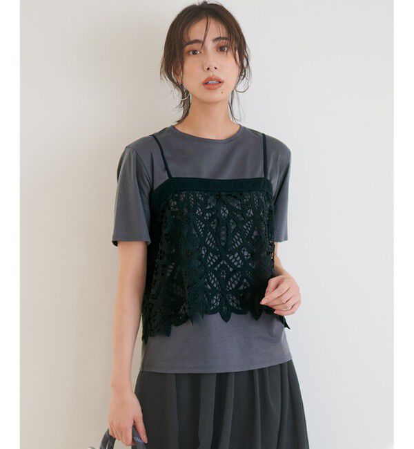 23区「【好評につき新色追加/汗じみ防止】エンブロイダリージャージー レースキャミソール付き カットソー」|Tシャツ・カットソー|ｽﾚｰﾄ&times;ﾌﾞ