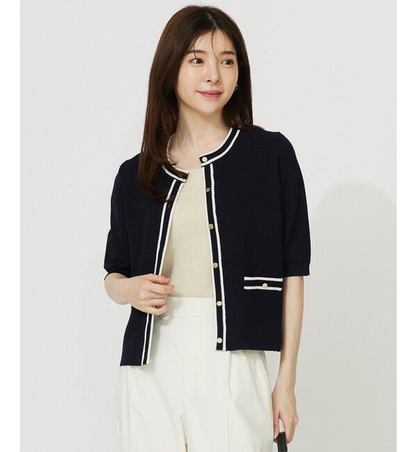 ANY SIS「【UVカット・洗える】リンクスバイカラー カーディガン」|カーディガン|ネイビー&times;オフ