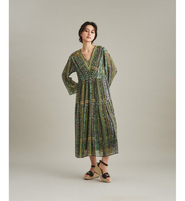  「ストライプイカットプリントワンピース」|ワンピース|