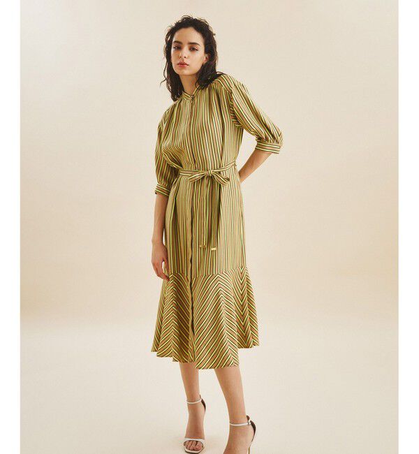  「リネンタッチストライプワンピース」|ワンピース|イエロー