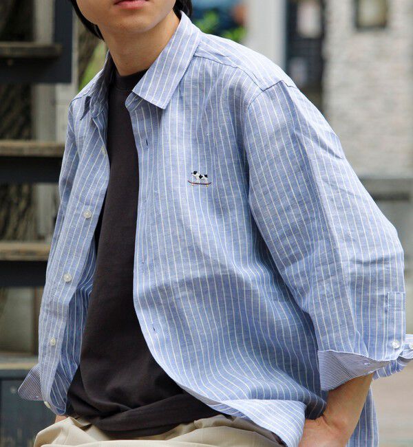 GLOSTER「【新色追加】【GLOSTER/グロスター】フレンチブルドッグ刺繍 リネン 7分袖シャツ」|シャツ・ブラウス|ブルー系その他