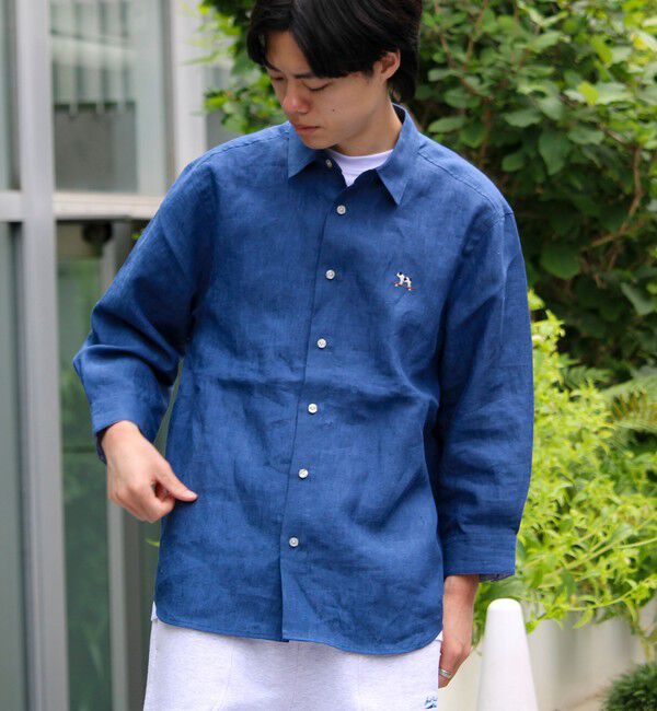 GLOSTER「【新色追加】【GLOSTER/グロスター】フレンチブルドッグ刺繍 リネン 7分袖シャツ」|シャツ・ブラウス|