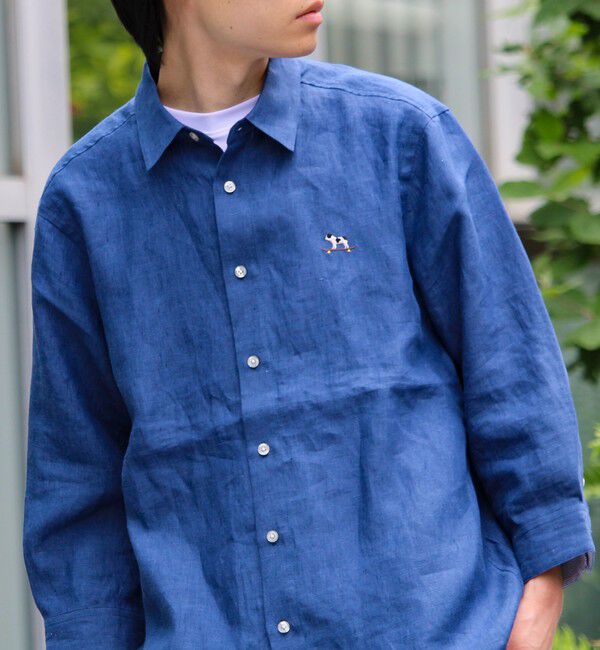 GLOSTER「【新色追加】【GLOSTER/グロスター】フレンチブルドッグ刺繍 リネン 7分袖シャツ」|シャツ・ブラウス|