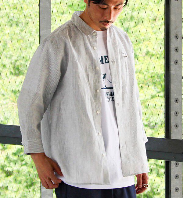 GLOSTER「【新色追加】【GLOSTER/グロスター】フレンチブルドッグ刺繍 リネン 7分袖シャツ」|シャツ・ブラウス|