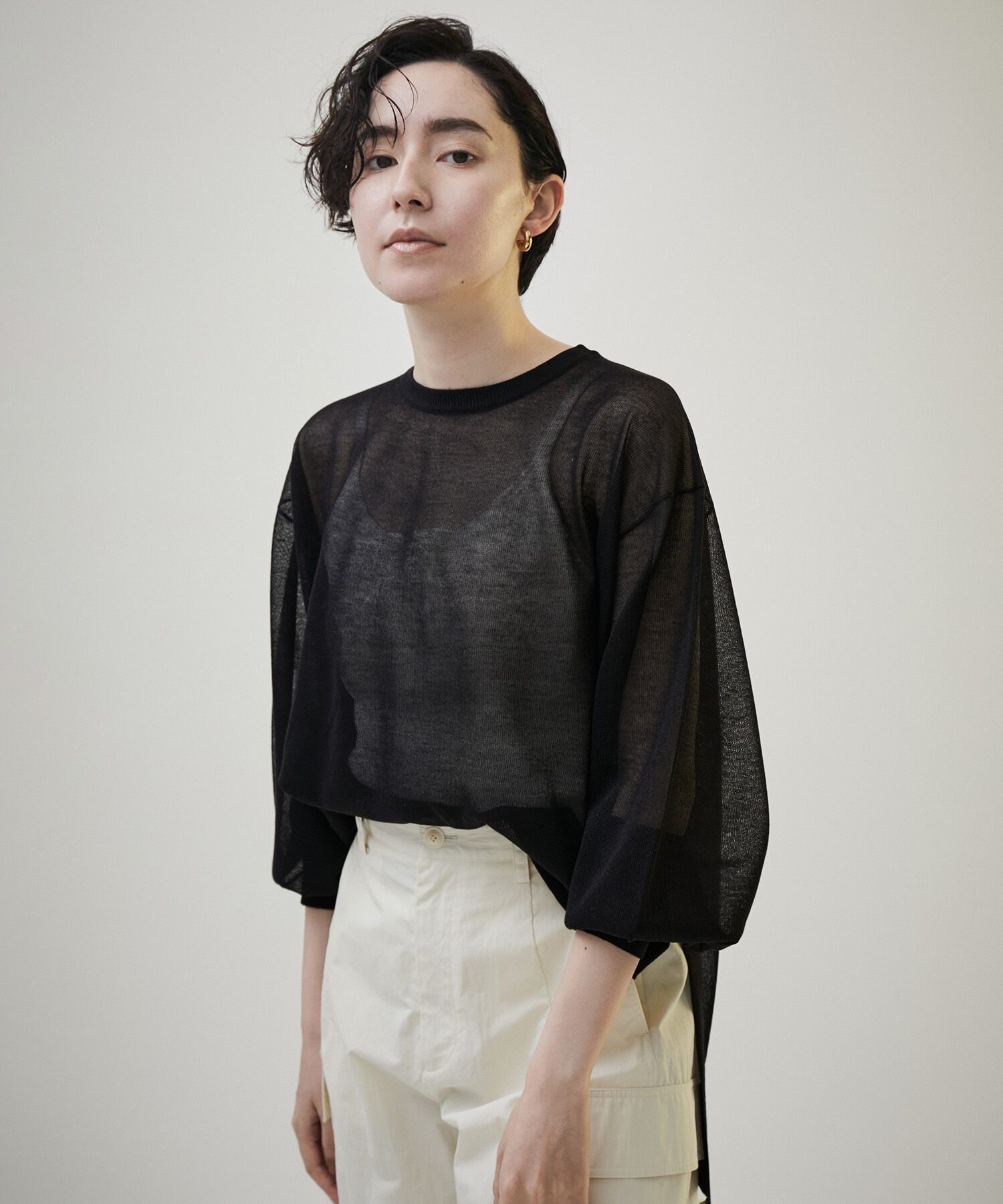 SALON adam et rope'「シアーボリュームスリーブプルオーバー【洗える】」|Tシャツ・カットソー|ブラック(01)