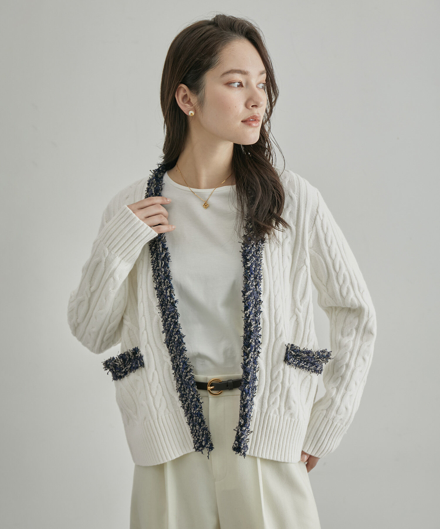 ROPE「【一部店舗限定】【LINTON TWEED】カシミヤブレンドケーブルカーディガン」|カーディガン|