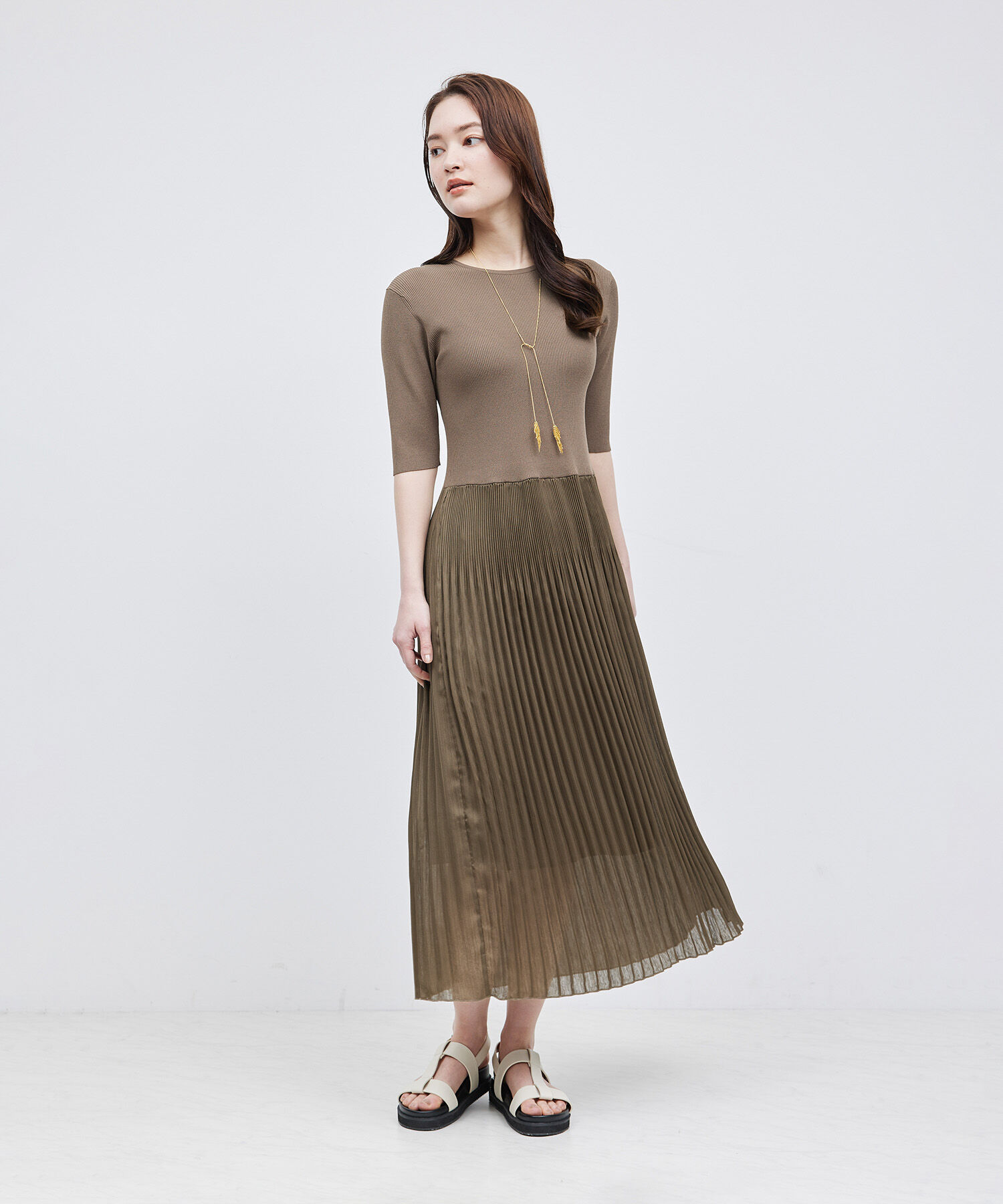 ROPE「ニット布帛コンビプリーツワンピース」|ワンピース|