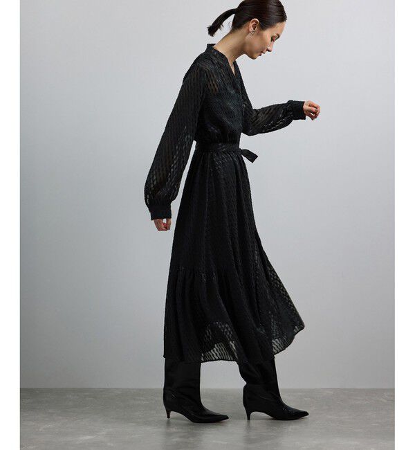 ROPE「【洗える】ロングスリーブワンピース（ジャガード/リーフプリント）【WEB・一部店舗限定】」|ワンピース|ブラック(01)