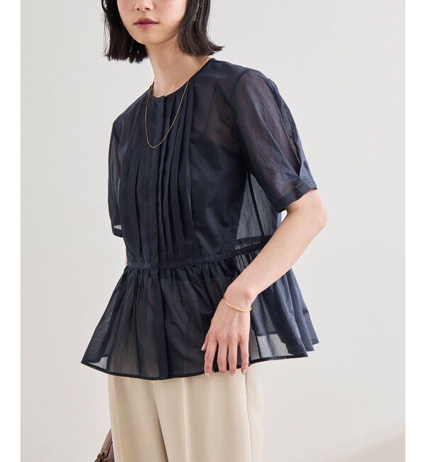 ROPE「【洗える】ストライプペプラムブラウス」|シャツ・ブラウス|ネイビー(40)