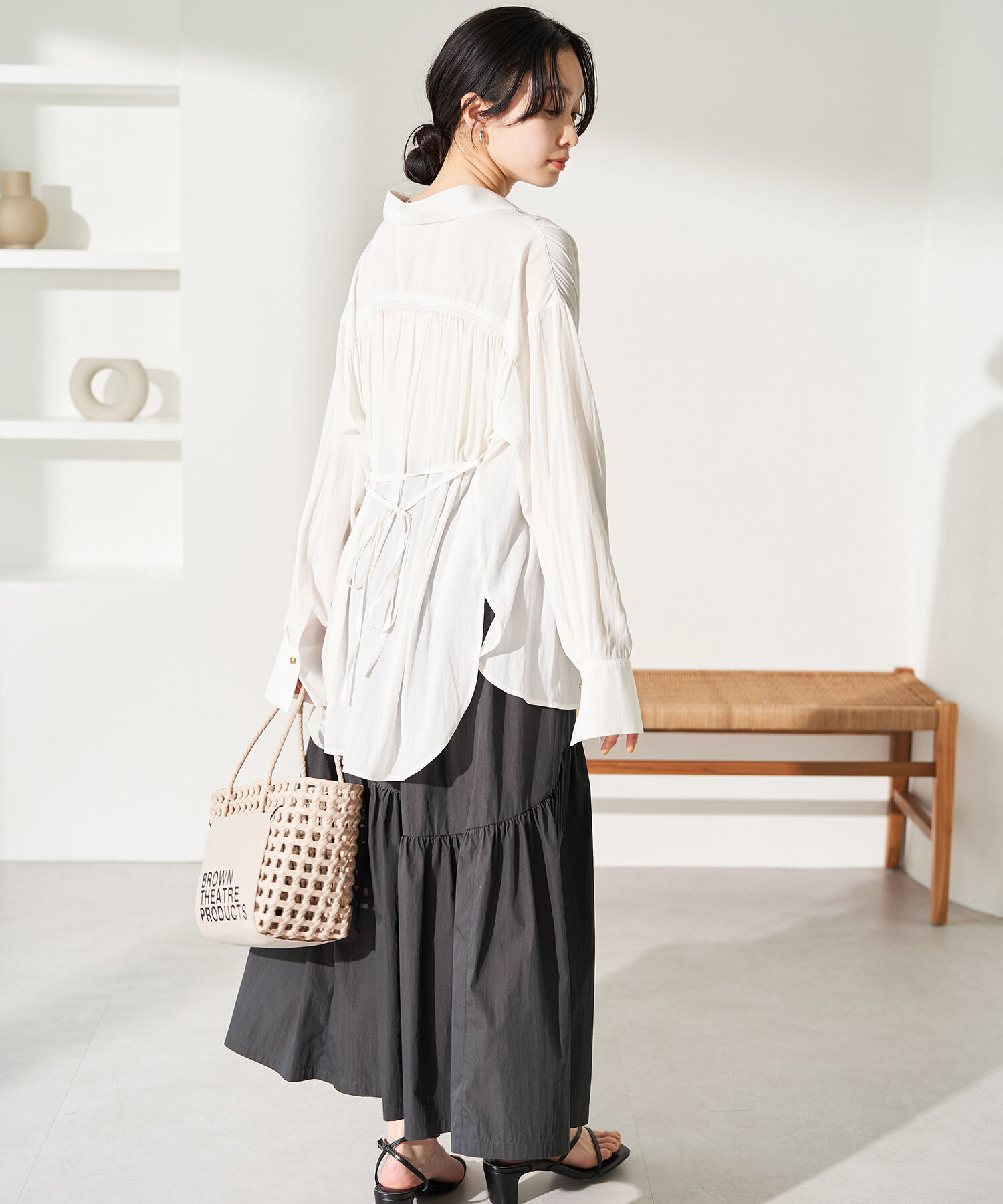 VIS「【セットアップ対応・洗える】ウエストリボンギャザーとろみシャツ」|シャツ・ブラウス|