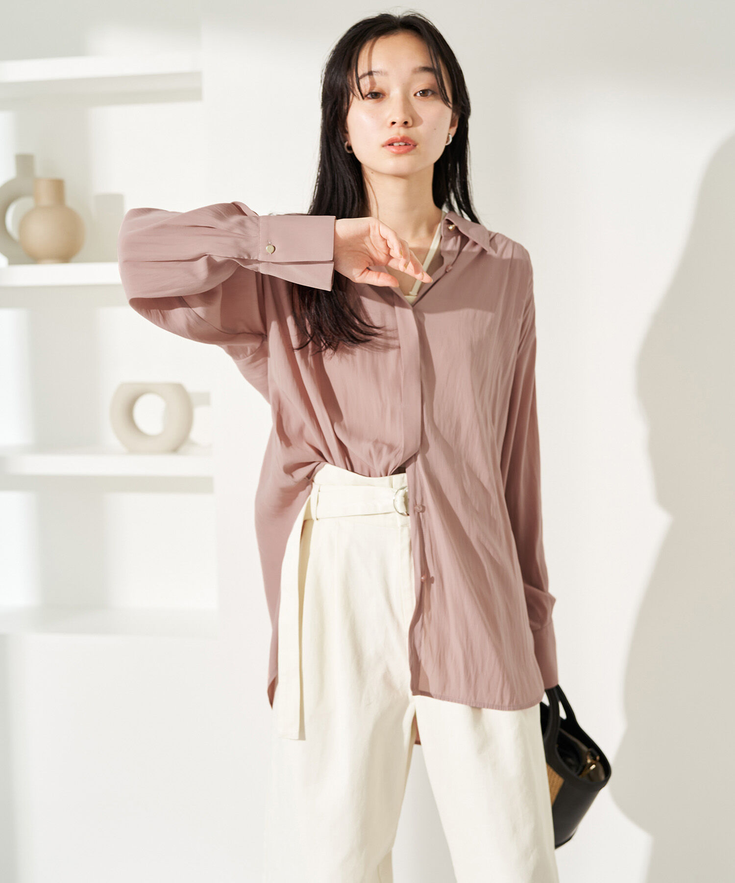 VIS「【セットアップ対応・洗える】ウエストリボンギャザーとろみシャツ」|シャツ・ブラウス|