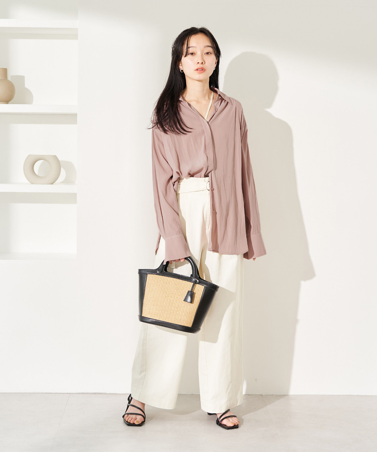 VIS「【セットアップ対応・洗える】ウエストリボンギャザーとろみシャツ」|シャツ・ブラウス|