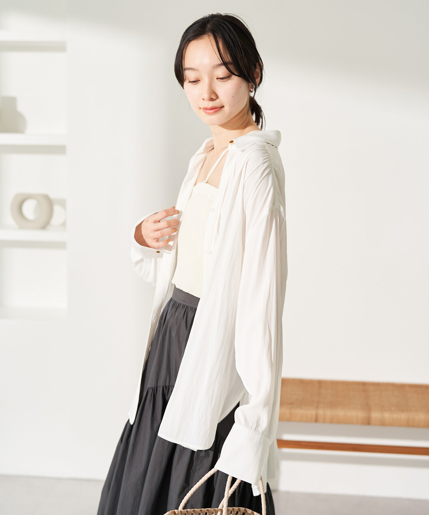 VIS「【セットアップ対応・洗える】ウエストリボンギャザーとろみシャツ」|シャツ・ブラウス|