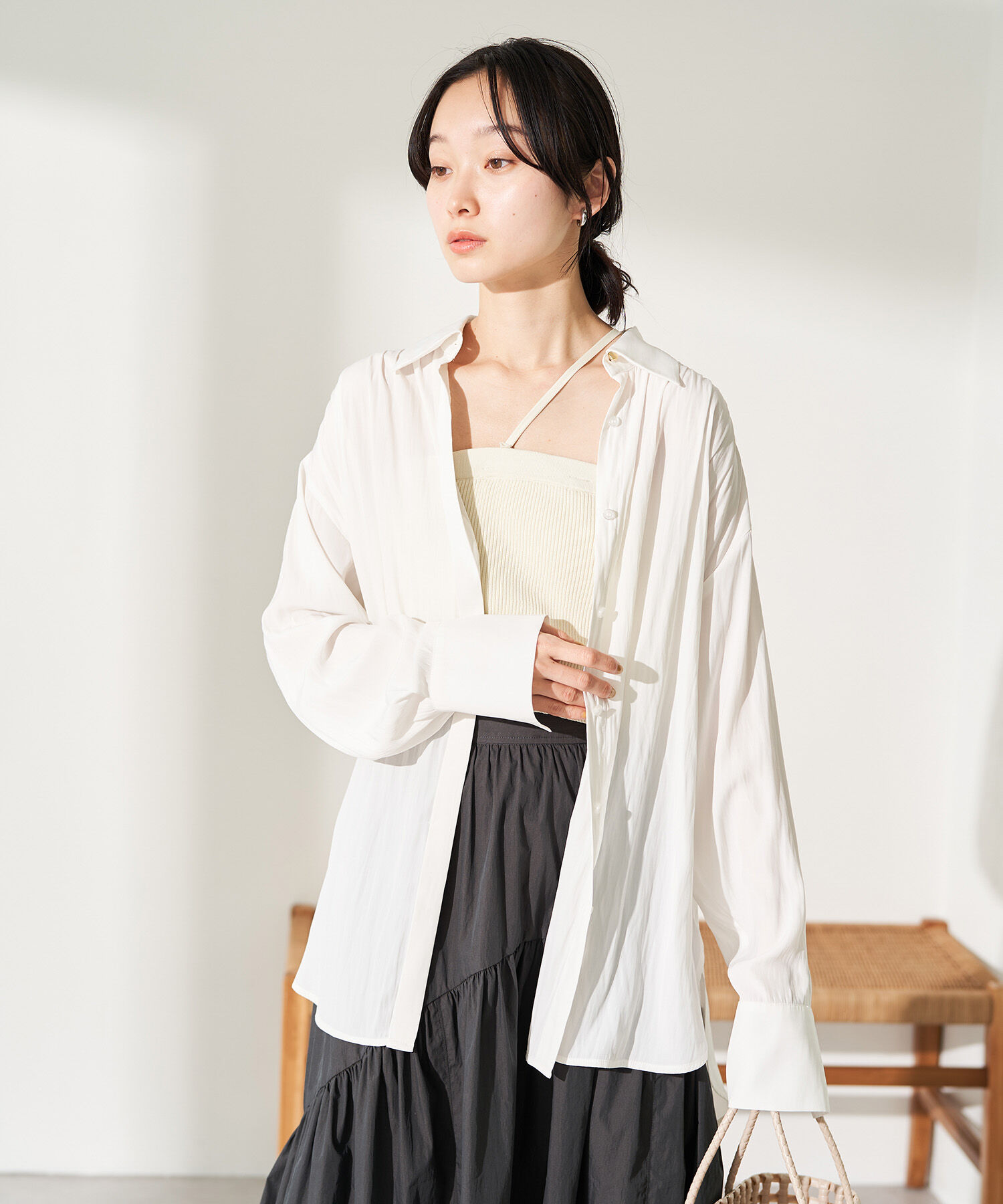 VIS「【セットアップ対応・洗える】ウエストリボンギャザーとろみシャツ」|シャツ・ブラウス|