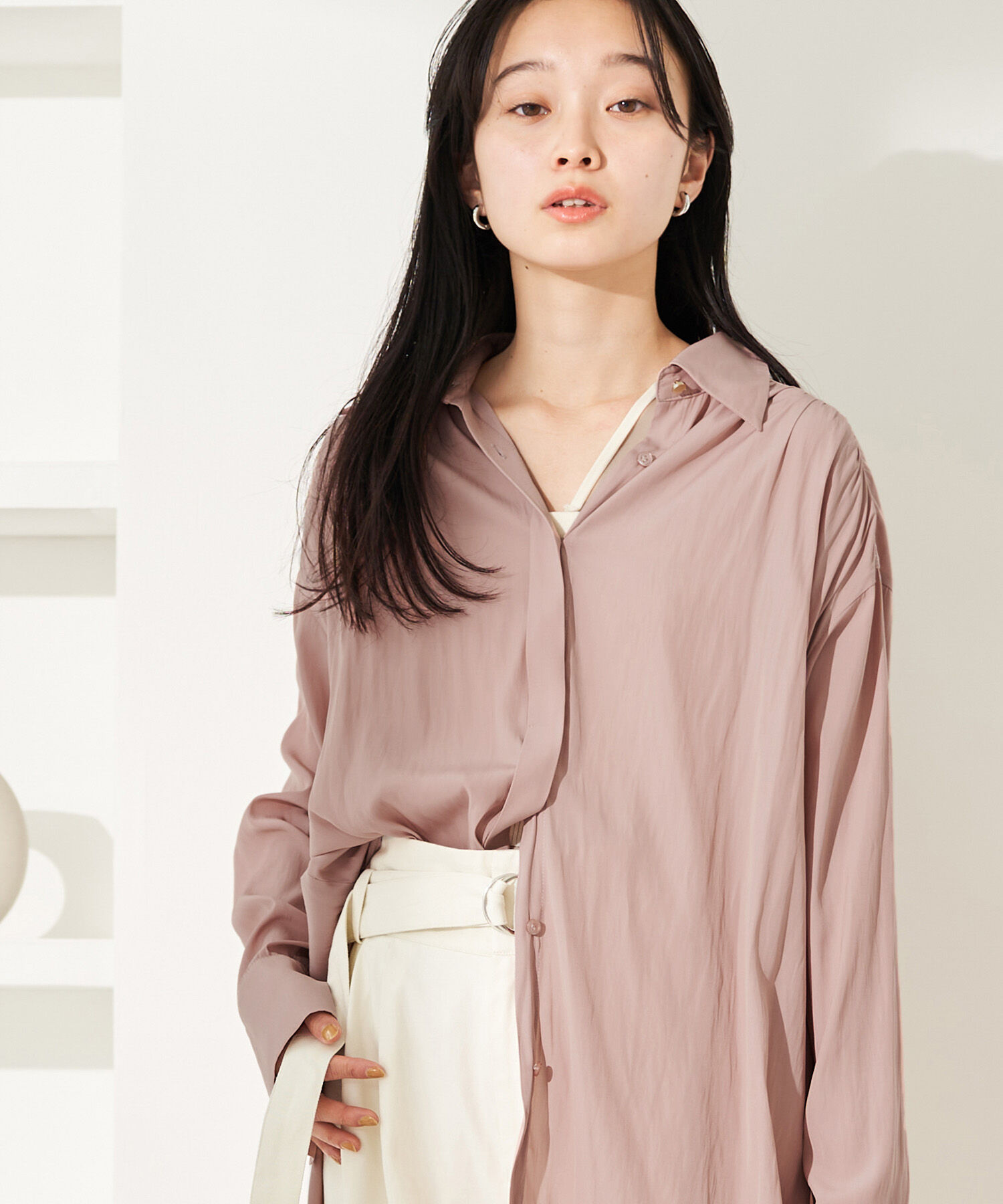 VIS「【セットアップ対応・洗える】ウエストリボンギャザーとろみシャツ」|シャツ・ブラウス|ピンク(63)