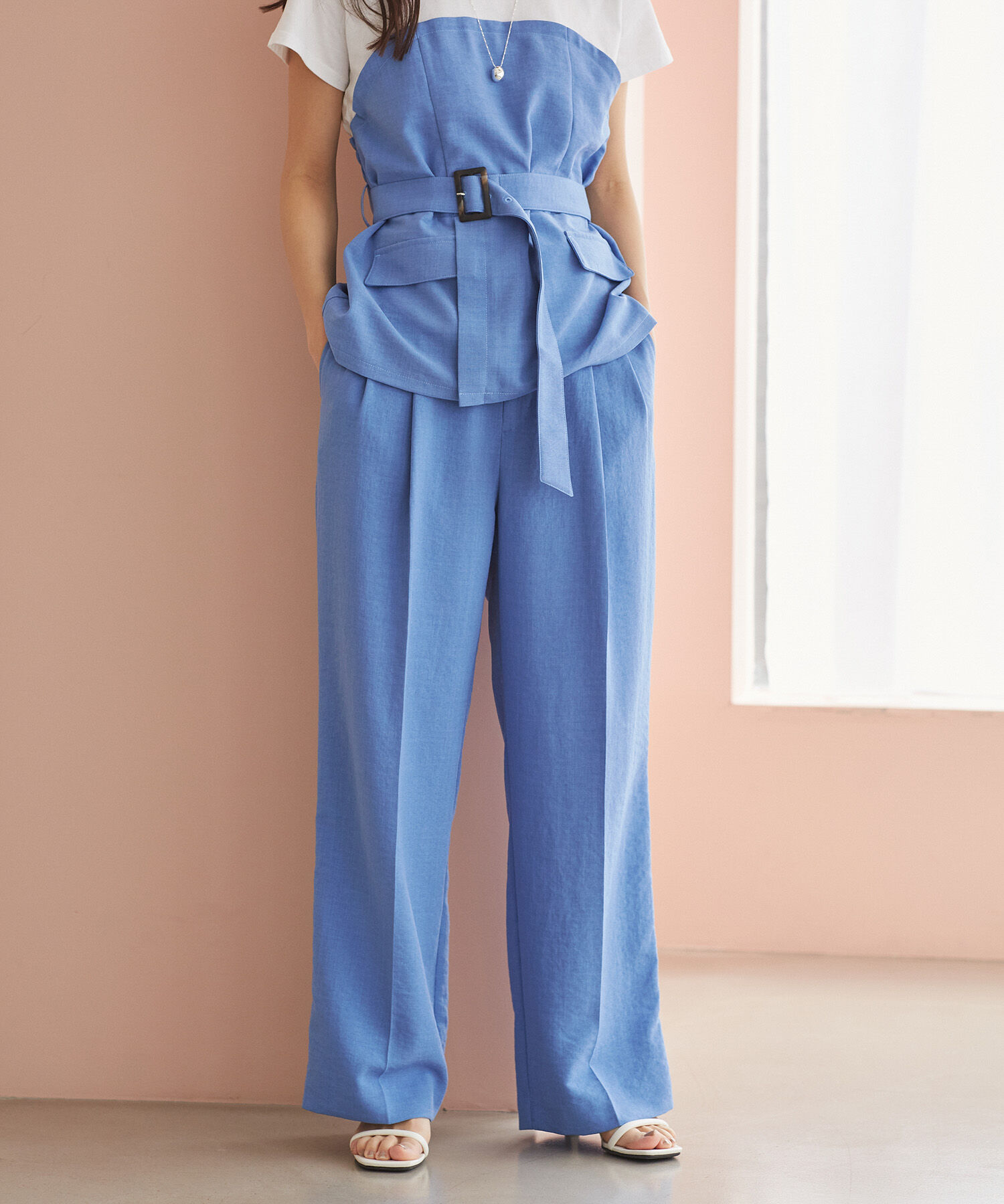 VIS「【美easy】リネンライクワンタックワイドスラックスパンツ【接触冷感/洗える】」|スラックス|