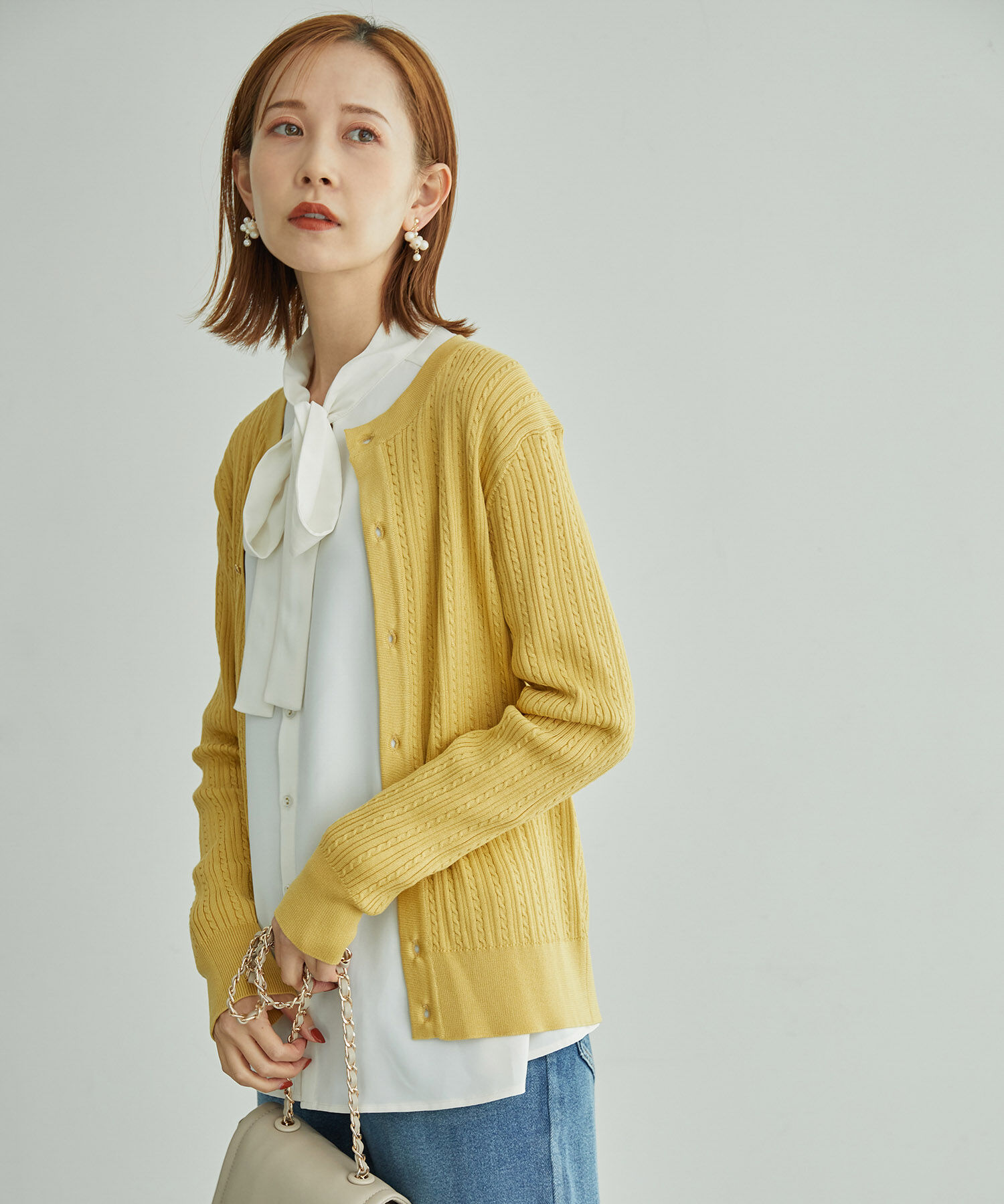 Rope&rsquo;Picnic「ミニケーブルニット金釦カーディガン」|カーディガン|カラシ(86)